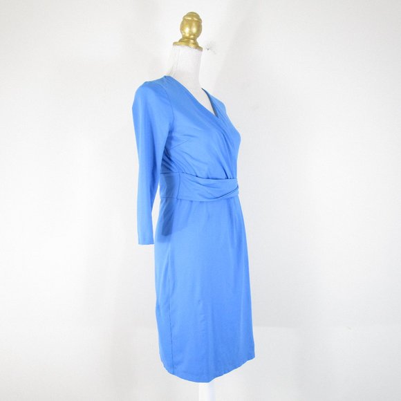 Talbots Womens Petite Solid Blue V-neck Faux Wrap Sheath Dress Size SP - Picture 4 of 9